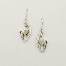 Load image into Gallery viewer, Alpaca or Llama Spirit Crescent Earrings - Sterling Silver with 14K Yellow Gold Heart Accents 