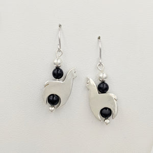 Alpaca Huacaya Crescent Earrings With Onyx Beads & Satin Finish; hanging on French wires.
