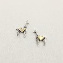 Load image into Gallery viewer, Llama Crescent Earrings with Hearts - Sterling Silver Llama with 14K Yellow Gold Heart Accents on Posts