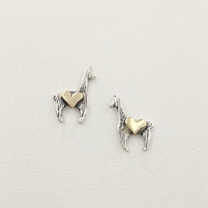 Llama Crescent Earrings with Hearts - Sterling Silver Llama with 14K Yellow Gold Heart Accents on Posts