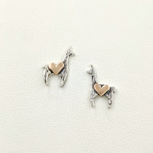 Load image into Gallery viewer, Llama Crescent Earrings with Hearts - Sterling Silver Llama with 14K Rose Gold Heart Accents on Posts
