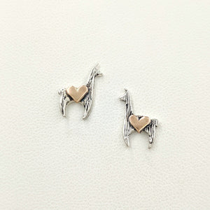 Llama Crescent Earrings with Hearts - Sterling Silver Llama with 14K Rose Gold Heart Accents on Posts