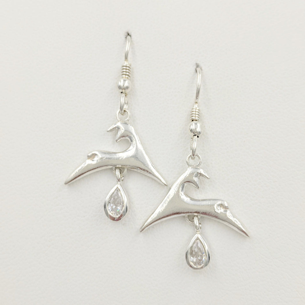 Alpaca or Llama Leaping Crescent Earrings - Sterling Silver with crystal teardrop dangle