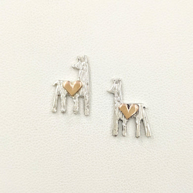 Alpaca or Llama Petite Silhouette Earrings Sterling Silver Animal with 14K Rose Gold Heart Accent  on posts