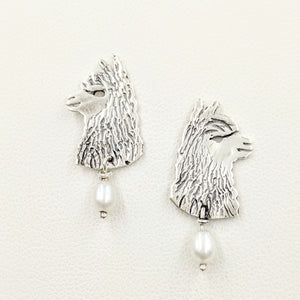 Alpaca Huacaya Head  Silhouette Earrings With Pearl Dangle - Sterling Silver