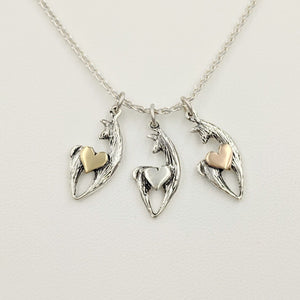  3 different Alpaca or Llama Spirit Crescent Pendants with Heart Accent - Sterling Silver Animals with 14K Yellow Gold, Sterling Silver and 14K Rose Gold heart accents