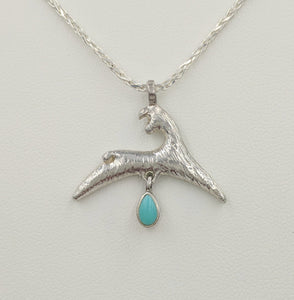 Alpaca or Llama Leaping Crescent Pendant with teardrop Turquoise Gemstone Dangle  fiber finish