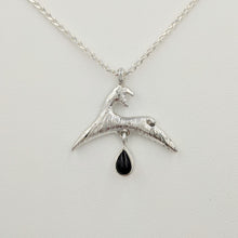 Load image into Gallery viewer, Alpaca or Llama Leaping Crescent Pendant with teardrop Onyx Gemstone Dangle 