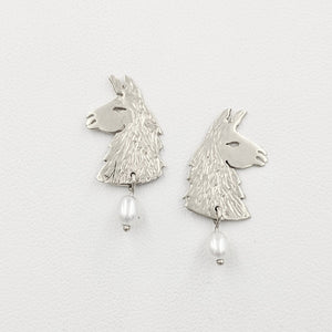 Llama Head Earrings With Pearl Dangle - Sterling Silver on posts