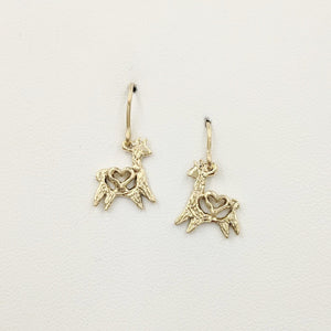 Alpaca or Llama Petite Leaping Earrings with hearts 14K Yellow Gold on French wires