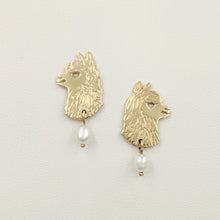 Load image into Gallery viewer, Alpaca Huacaya Head  Silhouette Earrings With Pearl Dangle - 14K Yellow Gold