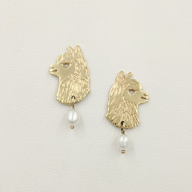 Alpaca Huacaya Head  Silhouette Earrings With Pearl Dangle - 14K Yellow Gold