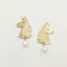 Load image into Gallery viewer, Llama Head Earrings With Pearl Dangle - 14K Yellow Gold on Posts