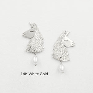 Llama Head Earrings With Pearl Dangle - 14K White gold on posts