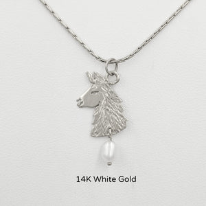 Llama Head Pendant with Freshwater Pearl Dangle  14K White Gold
