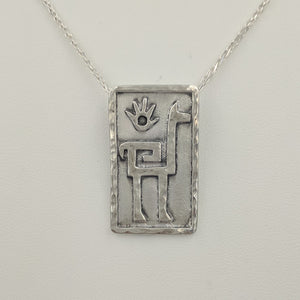 Alpaca Or Llama Petroglyph Pendant  large size  hammered texture with hand  partially oxidized  hidden bail  Sterling Silver