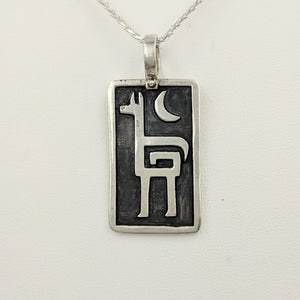 Alpaca Or Llama Petroglyph Pendant  large size  smooth texture with moon  fully oxidized  stirrup bail  Sterling Silver