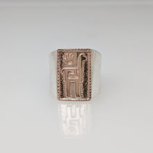 Load image into Gallery viewer, Alpaca or Llama Petroglyph Motif Rings with hand accent and decorative rim  14K Rose Gold accent piece