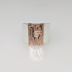Alpaca or Llama Petroglyph Motif Rings with moon accent and smooth rim  14K Rose Gold accent piece