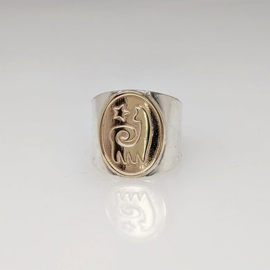 Alpaca or Llama Reflection Petroglyph Motif Ring Sterling Silver band with 14K Yellow Gold coin with star icon accent - smooth rim