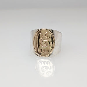Alpaca or Llama Reflection Petroglyph Motif Ring Sterling Silver band with 14K Yellow Gold coin with moon accent icon- smooth rim