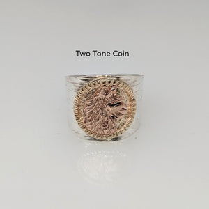 Alpaca Huacaya head coin ring Hand-hammered sterling silver tapered band.14K yellow and 14K rose gold coin.e