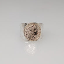 Load image into Gallery viewer, Alpaca Huacaya head coin ring with hand hammered tapered band with 14K yellow gold coin.