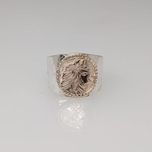 Alpaca Huacaya head coin ring with hand hammered tapered band with 14K yellow gold coin.