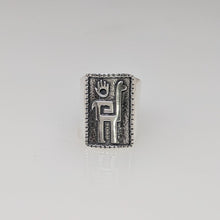 Load image into Gallery viewer, Alpaca or Llama Petroglyph Motif Rings with hand accent and decorative rim Sterling Silver accent piece partial oxidation