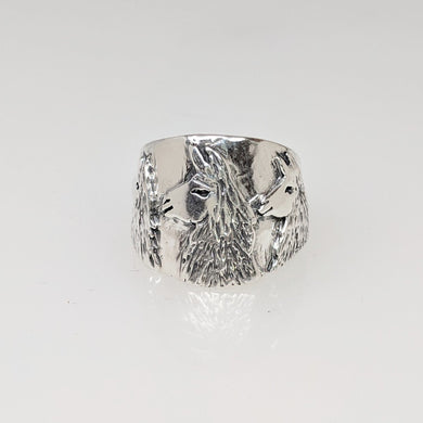 Llama Silhouette Cigar Band Style Ring - With 3 Heads, Sterling Silver