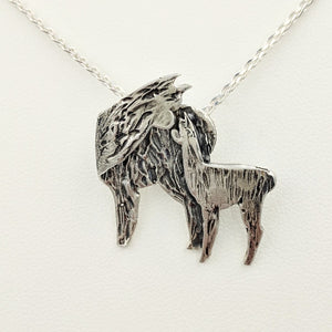 Alpaca Huacaya Kiss Pendant -Mother turning back to kiss her baby cria; Sterling Silver with Hidden Bail