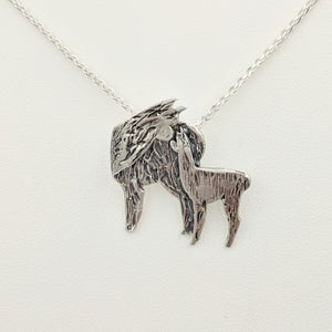 Alpaca Huacaya Kiss Pendant - Mother turning back to kiss her baby cria;Sterling Silver with Hidden Bail