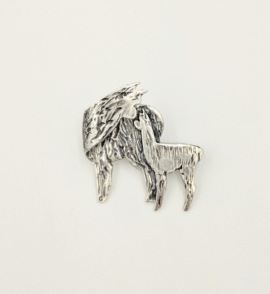 Alpaca Huacaya Kiss Pin - Mother turning back to kiss her baby cria.  Sterling Silver; hidden bail