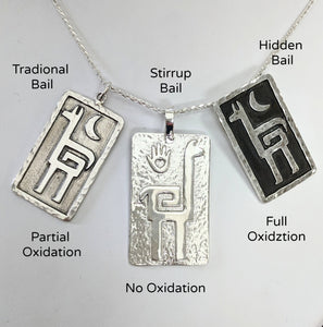 Alpaca Or Llama Petroglyph Pendants  examples of the traditional, stirrup or hidden bails  examples of finishes no, partially or fully oxidized  Sterling Silver