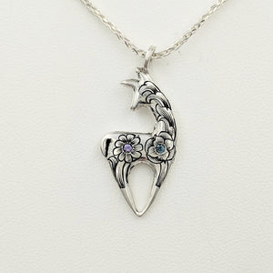  Hand Engraved Spirit Crescent Pendant - with blue topaz and amethyst gemstones - Sterling Silver