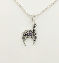 Load image into Gallery viewer,  Hand Engraved Huacaya Alpaca Crescent Pendant with amethyst gemstone - Sterling Silver
