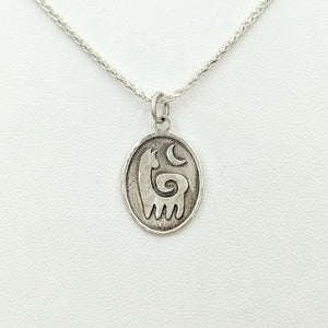 Alpaca or Llama Reflection Petrogylph Pendant with Moon  Hammered rim Sterling Silver