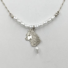 Load image into Gallery viewer, Alpaca Huacaya Freshwater Pearl Bar Necklace with Huacaya Head Charm and Pearl Dangle Accent 14K White Gold