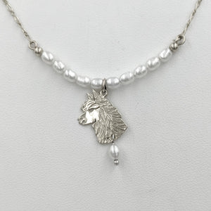 Alpaca Huacaya Freshwater Pearl Bar Necklace with Huacaya Head Charm and Pearl Dangle Accent 14K White Gold