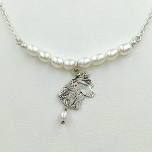 Alpaca Huacaya Freshwater Pearl Bar Necklace with Huacaya Head Charm and Pearl Dangle Accent - Sterling Silver