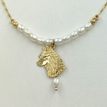 Load image into Gallery viewer, Alpaca Huacaya Freshwater Pearl Bar Necklace with Huacaya Head Charm and Pearl Dangle Accent 14K Yellow Gold