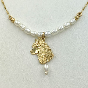 Alpaca Huacaya Freshwater Pearl Bar Necklace with Huacaya Head Charm and Pearl Dangle Accent 14K Yellow Gold
