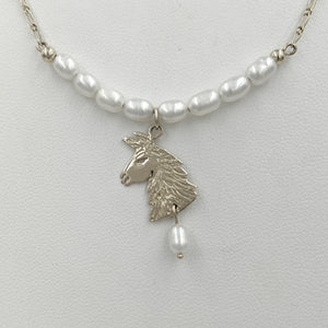 Llama Freshwater Pearl Bar Necklace with Llama Head Charm and Pearl Dangle Accent -14K White Gold
