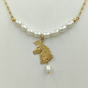Llama Freshwater Pearl Bar Necklace with Llama Head Charm and Pearl Dangle Accent -14K Yellow Gold