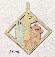 Load image into Gallery viewer, Custom  Diamond Shaped Pendant with a 14K Yellow Gold Llama Head, a 14K Rose Gold Huacaya Alpaca Head  and a 14K White Gold Suri Alpaca Head  (Front Side)