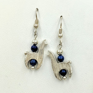Llama Crescent Earrings WithLapis Gemstone Beads - Sterling Silver  Fiber and Shiny Finish on French Wires