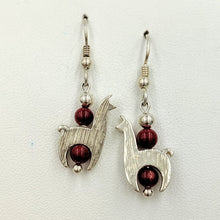 Load image into Gallery viewer, Llama Crescent Earrings With Red Gemstone Beads - Sterling Silver  Fiber and Shiny Finish on French Wires