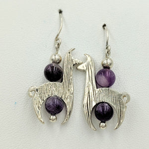 Llama Crescent Earrings With Amethyst Gemstone Beads - Sterling Silver  Fiber and Shiny Finish on French Wires