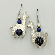 Load image into Gallery viewer, Llama Crescent Earrings WithLapis Gemstone Beads - Sterling Silver  Hammered and Shiny Finish on French Wires