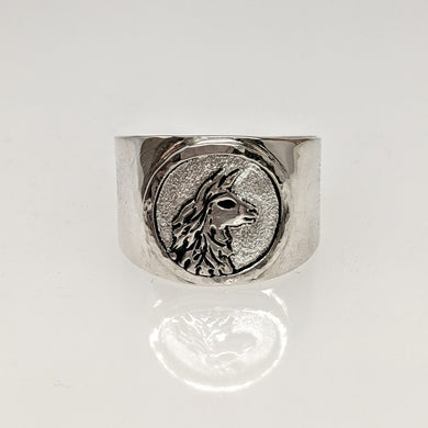 Llama Silhouette Profile Coin Ring -  Hammered Rim Sterling Silver